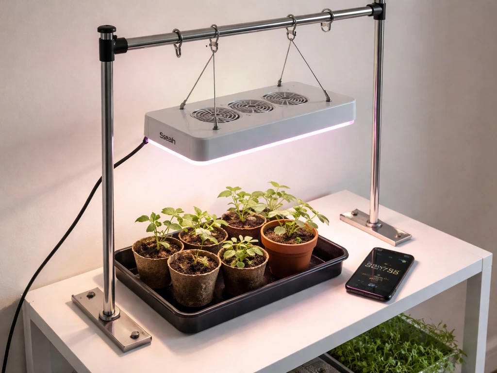 Bseah grow light mounted above seedlings on a small shelf with minimal setup visible