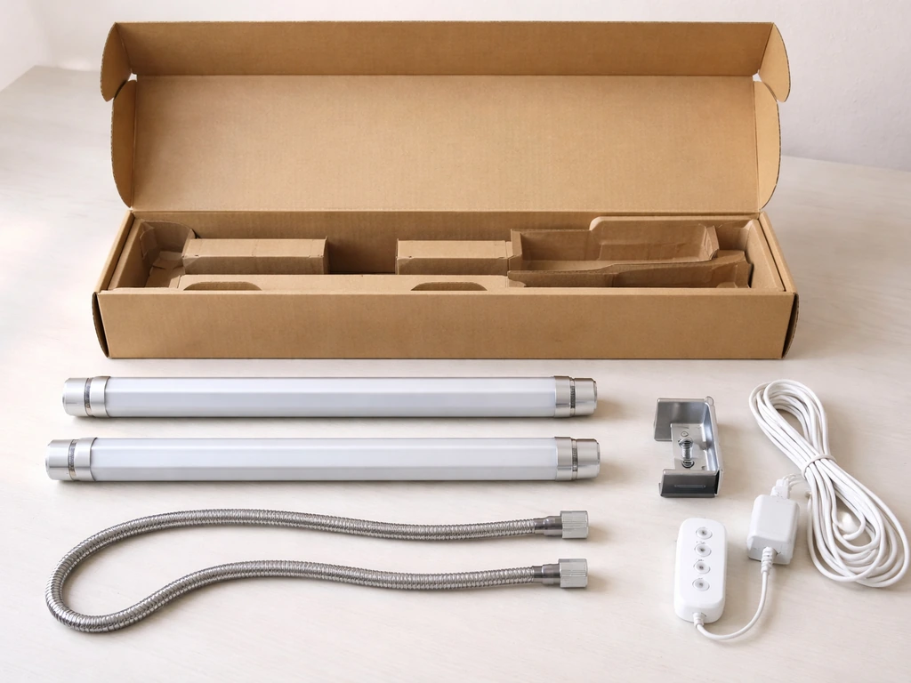 Grow light box contents laid out on a table: LED tube heads, gooseneck arms, clamp and controller.