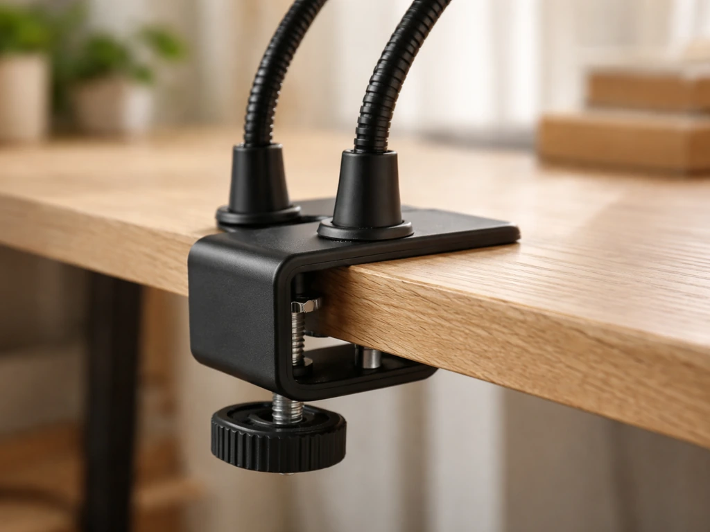 Close-up of a clamp mount gripping a shelf edge with gooseneck arms positioned for placement.