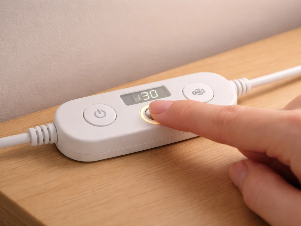 Close-up of a lighting timer control panel with the timer button being pressed and indicator glowing softly.