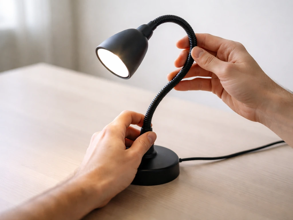 Hands tightening a gooseneck lamp base and repositioning the flexible arms on a plain desk