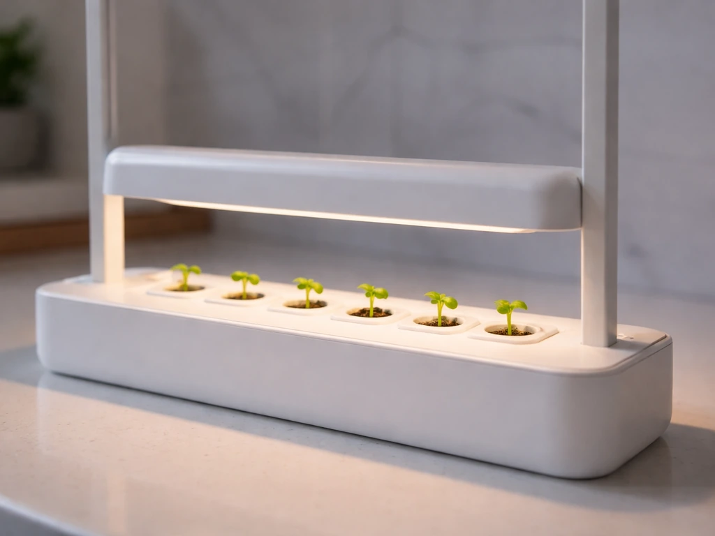 Click & Grow Smart Garden with the grow lamp lowered over germination pods and fresh seedlings