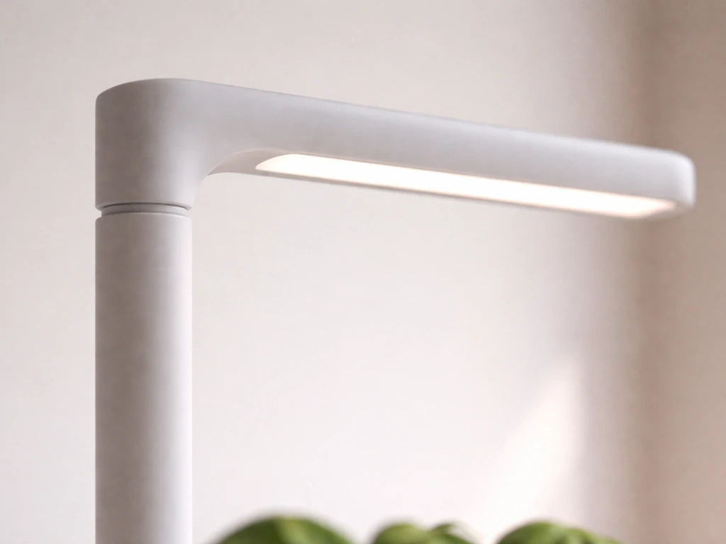 Close-up of a fixed lamp arm on a vertical post above the Click & Grow pod area.