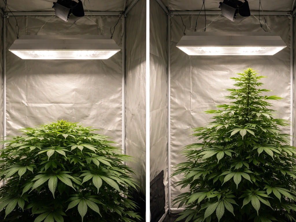 Two grow light setups showing increasing canopy-to-lamp distance as plants grow taller