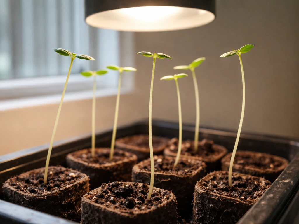 Leggy seedlings with thin tall stems stretching upward toward an overhead grow light.