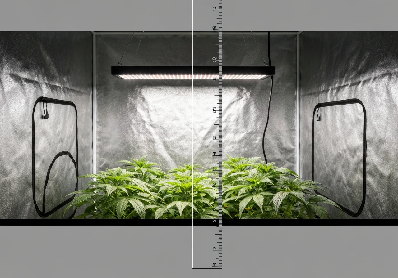 Wide shot of a grow tent with a hanging LED light over plants and a measuring reference for distance.