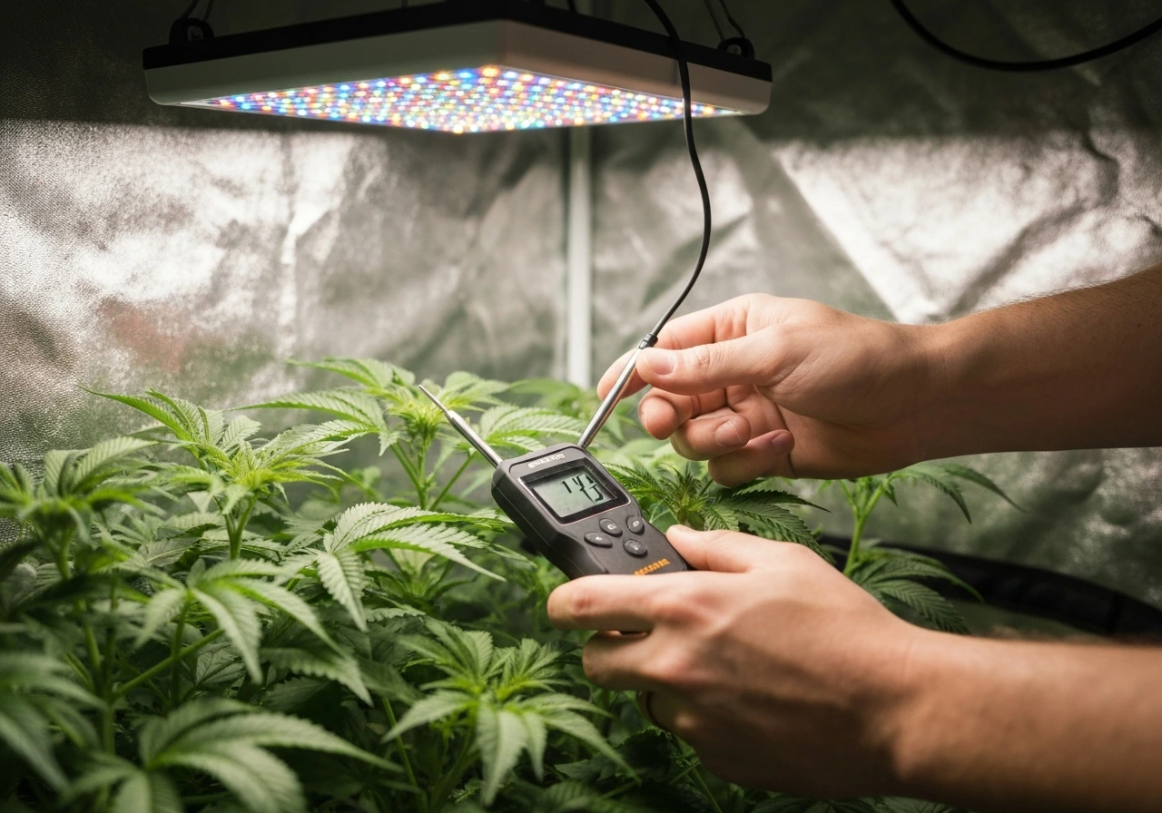 Anonymous hands using a PAR meter probe at leaf canopy level under a hanging LED grow light.