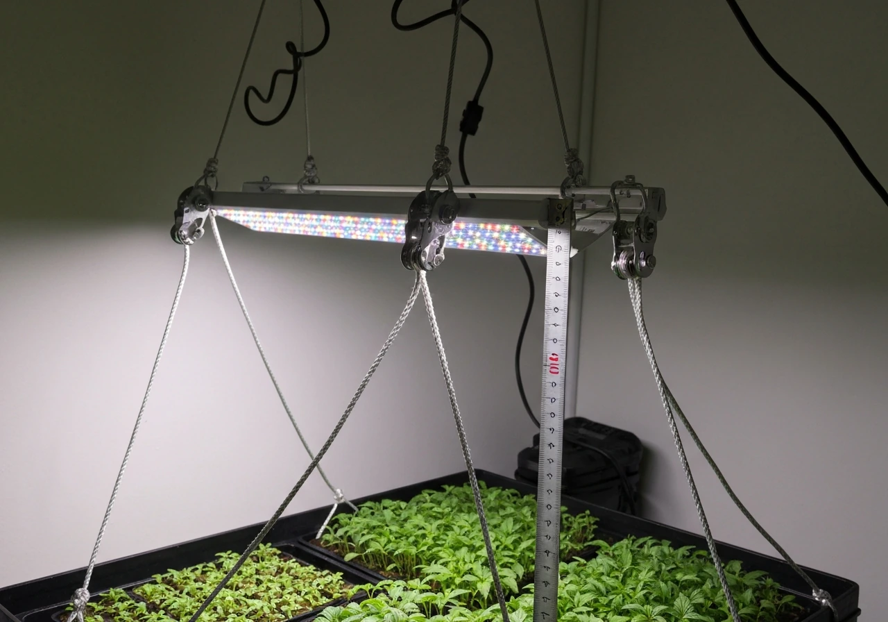 LED grow light raised for seedlings, with rope ratchets and a measuring tape near the plant canopy.