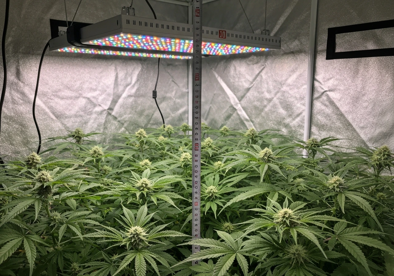 LED grow light mounted above a leafy plant canopy with a measuring tape showing distance to the top growth.