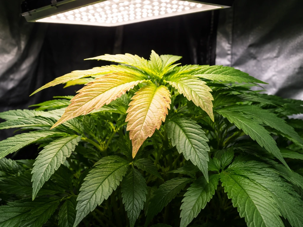 Top canopy leaves with pale yellow bleaching near a low-hanging grow light, showing light burn