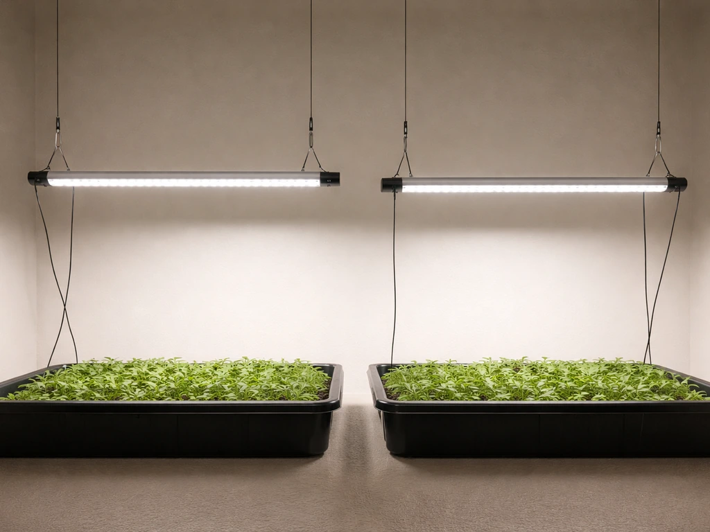 Overhead LED bar fixture on adjustable hangers above two plant trays at different heights.