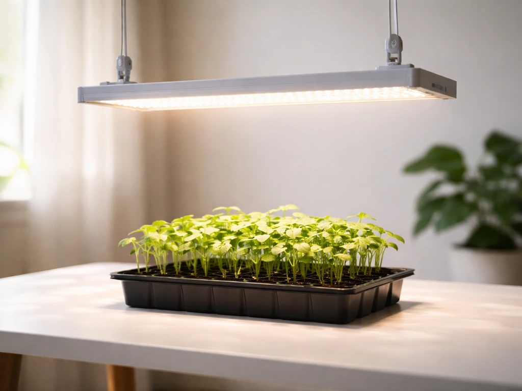 LED grow light hanging above seedlings on a table, with visible leaf canopy and height gap.