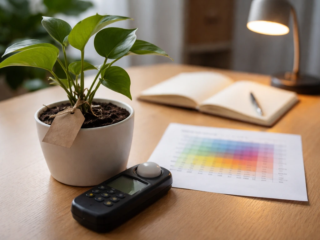 Close-up of a potted plant, blank plant tag, light meter, and a blurred PPFD chart printout on a table.