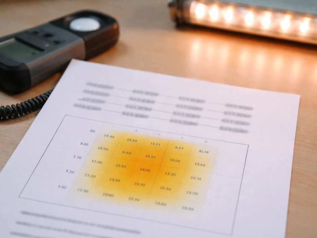 Close-up of a printed PPFD grow-light spec sheet on a desk beside a light-measuring device.