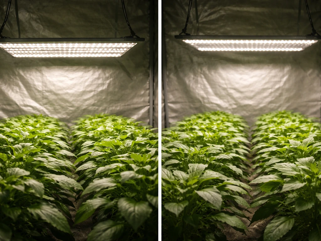 Identical indoor grow plants under two LED lights at different distances, showing brighter leaves near the canopy.