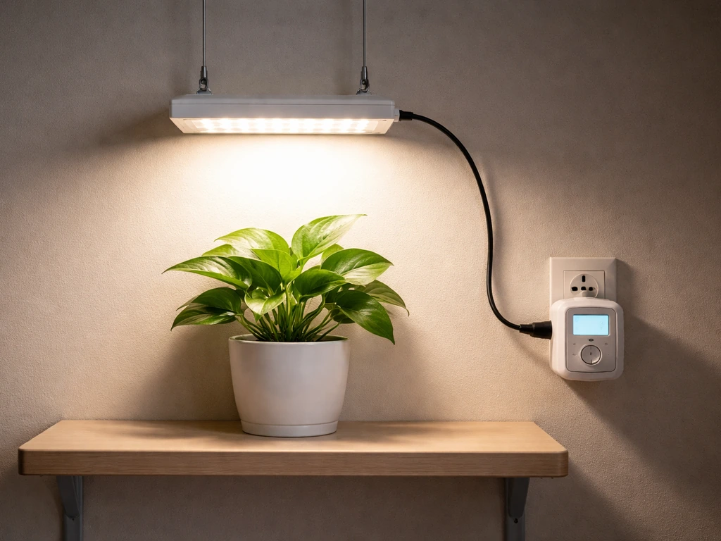 Grow light setup with a smart plug timer and a single plant silhouetted in light and darkness.
