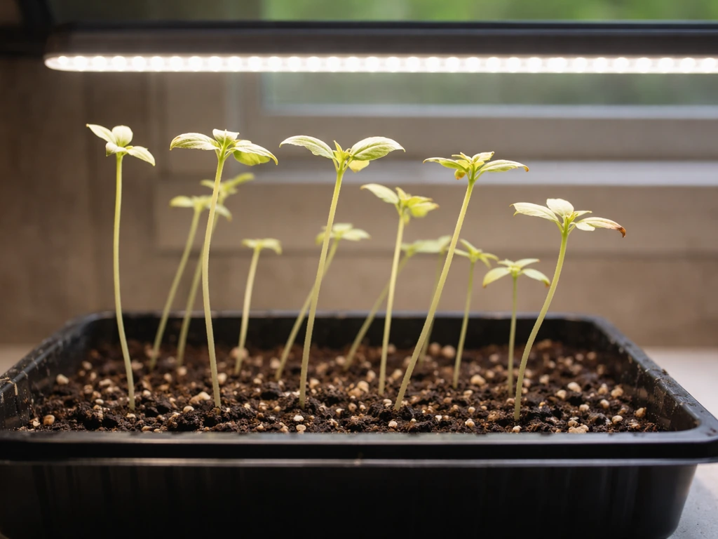 Tall spindly seedlings under a nearby LED grow light, with pale yellow upper leaves and stretched stems.