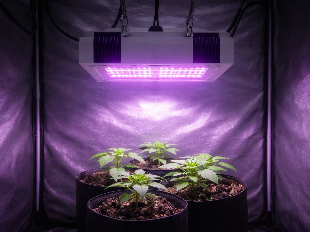 Top-down view of a mounted purple grow light centered over seedlings in a small indoor grow area.
