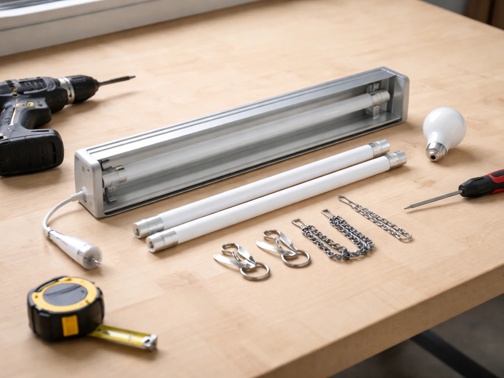 Grow light kit contents—T5 fixture, tubes, LED bulb, and hanging hardware—laid out on a workbench with tools.