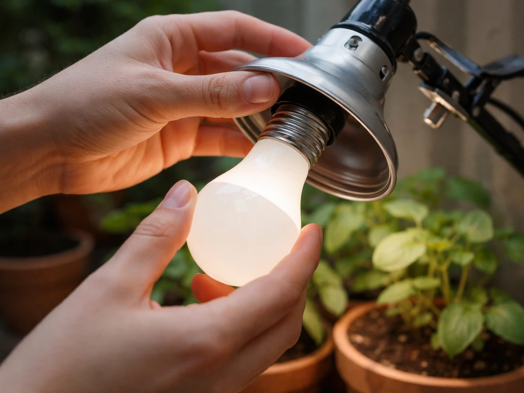 Hands screwing an A19 LED bulb into a medium-base clamp light above potted plants.