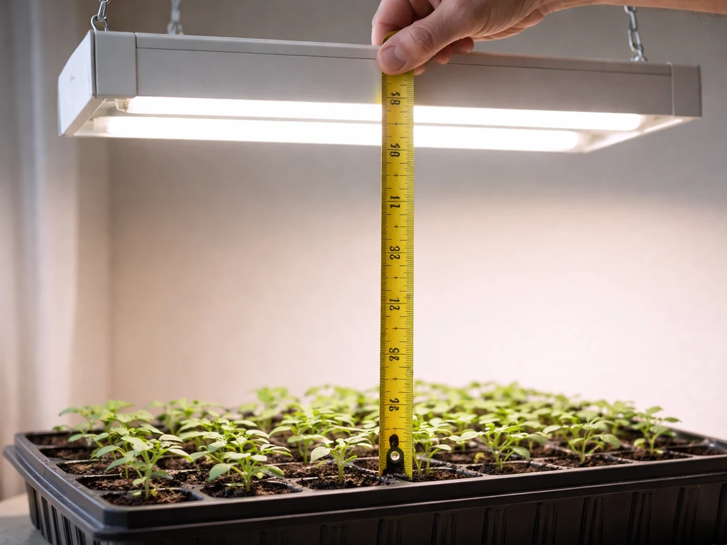 Measuring tape shows the hang height of a T5 grow light above seedlings in an indoor grow setup.
