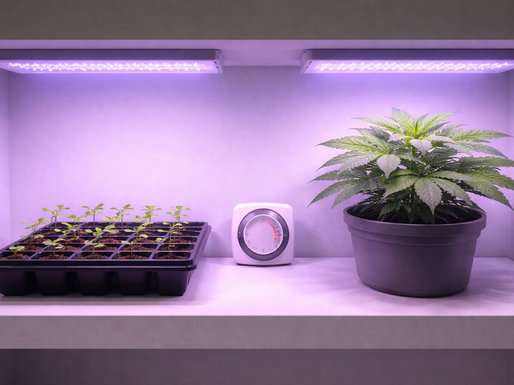 Seedlings and a larger vegetative plant under purple grow lights with a light timer on the shelf.