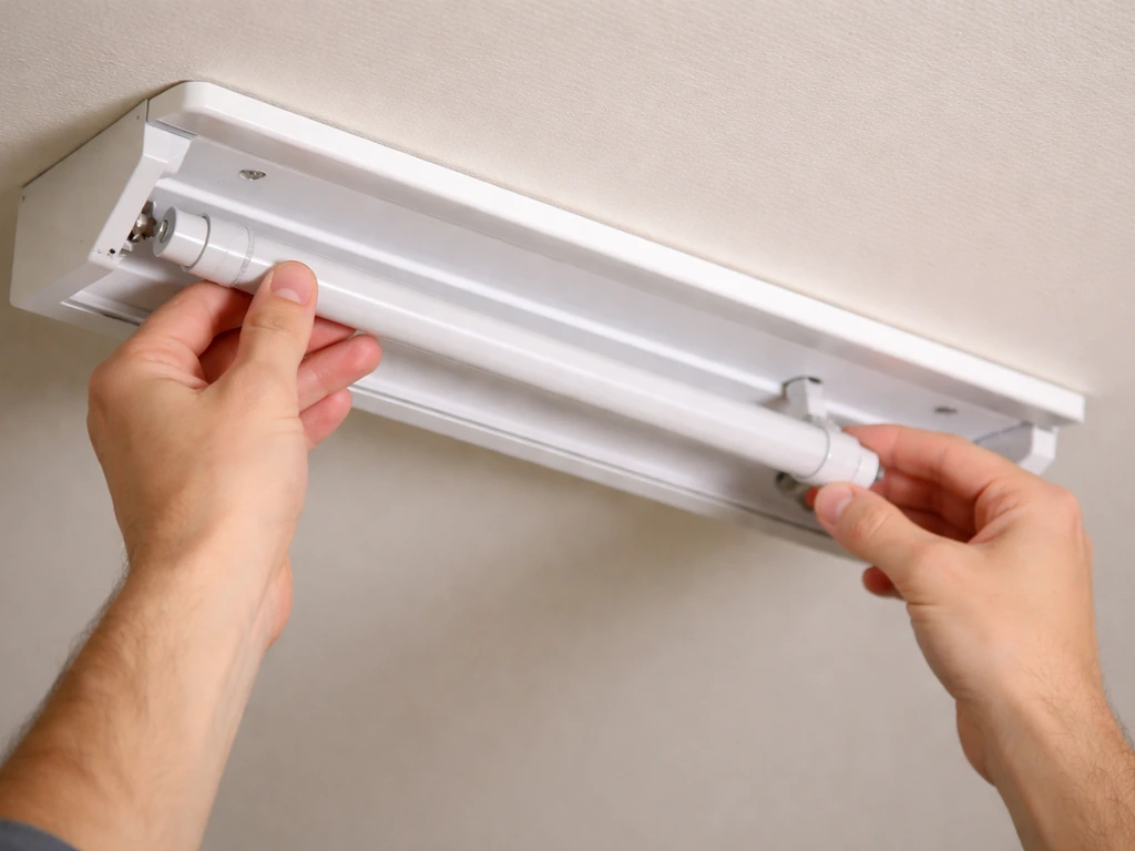 Hands reseating a T5 fluorescent tube in a simple light fixture to stop flickering and dim spots.
