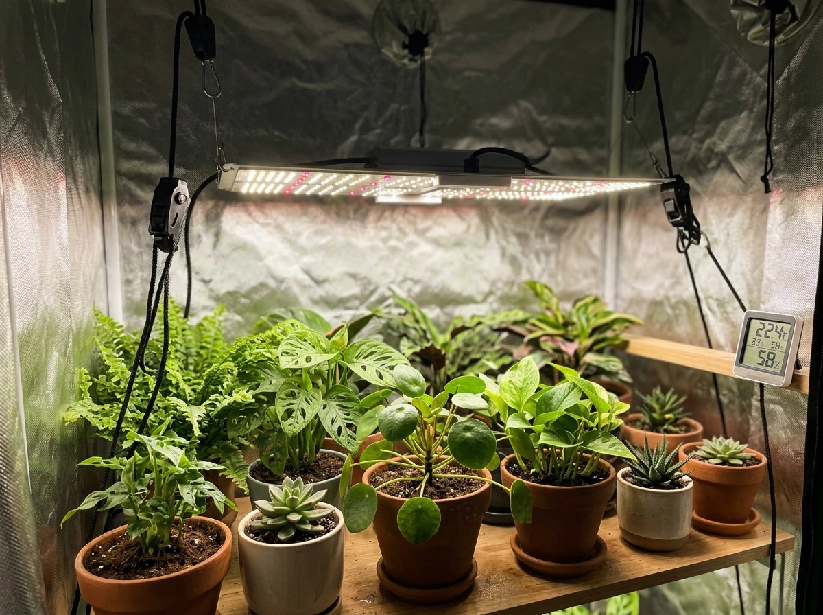Full-spectrum LED grow light hanging above indoor plants in an adjustable setup