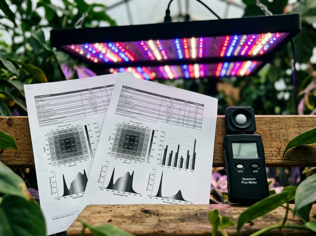 Handheld light meter and grow light spec details (PAR/PPF/PPFD concepts)