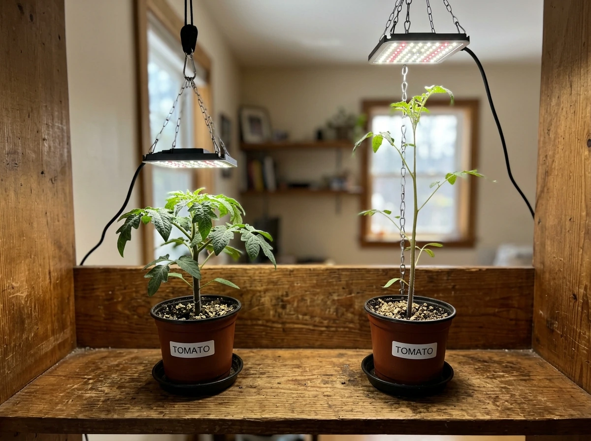Seedlings showing correct vs too-high light distance (stretching)
