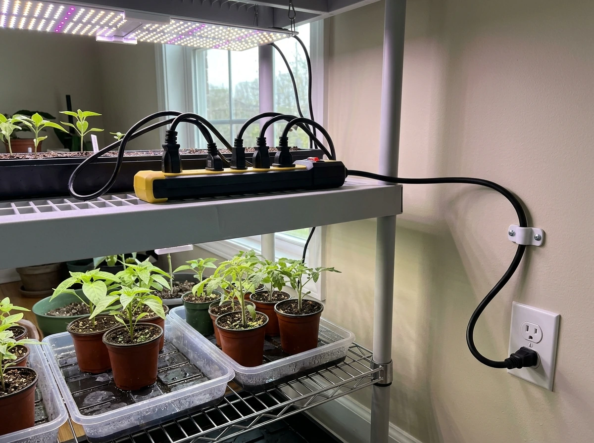 Grounded power strip and extension cord safely connected to grow light