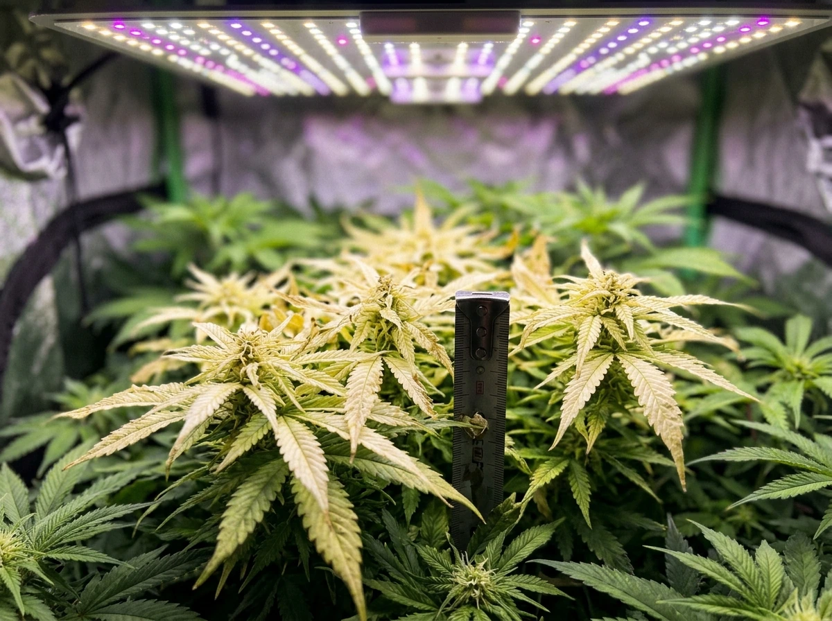 Upper leaves with bleaching near the full-spectrum LED light hotspot