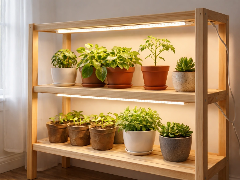 A DIY plant stand with two shelves of seedlings under overhead grow lights in a bright room.