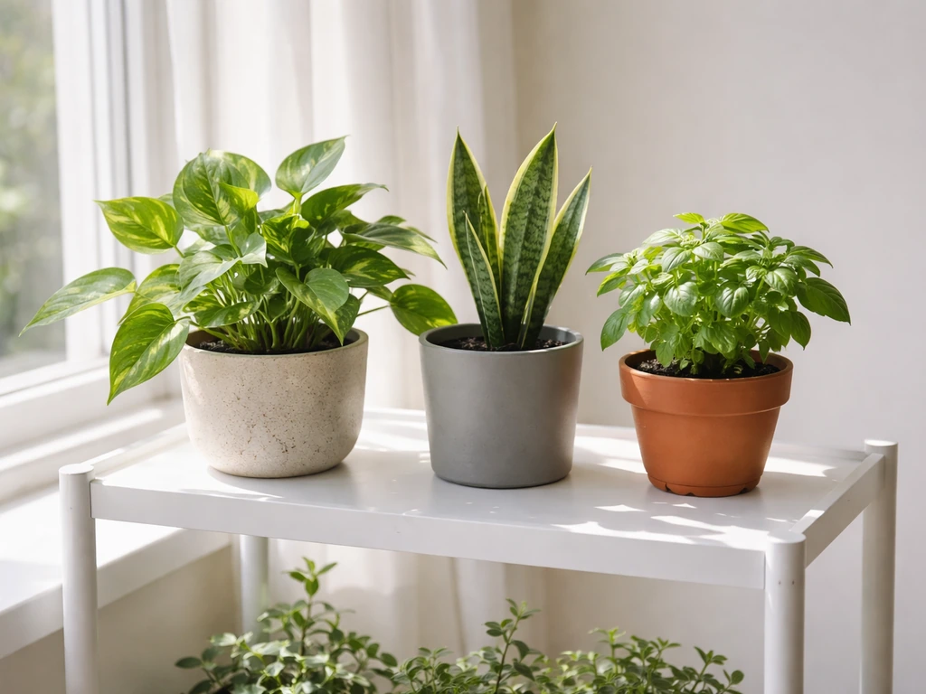 Assorted potted plants on a small stand near a window to suggest planning space and light needs.