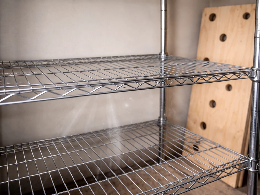 Wire shelving inside a storage unit with open gaps showing airflow, with a vented plywood panel nearby.