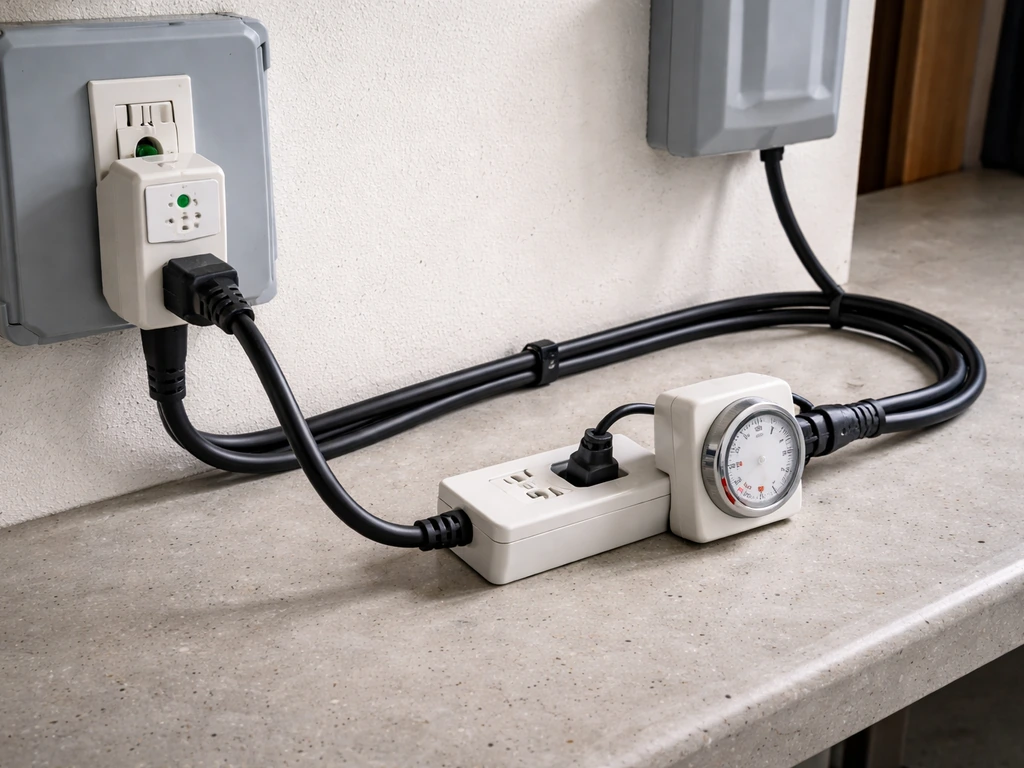 Close-up of a GFCI outlet adapter with timer and power strip connections neatly routed and grounded.