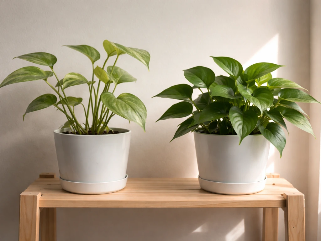 Split view of two potted plants: one leggy and pale, the other compact and green under brighter light.