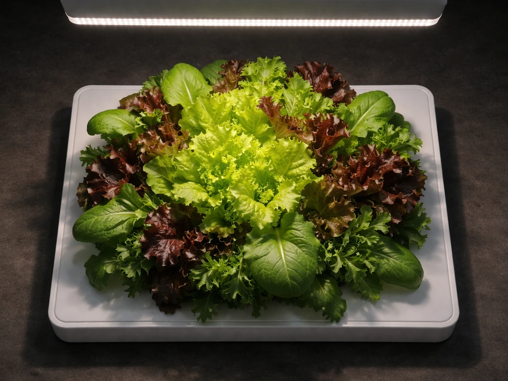 Overhead view of a healthy leafy plant canopy under a bright grow light with a clear illumination gradient.