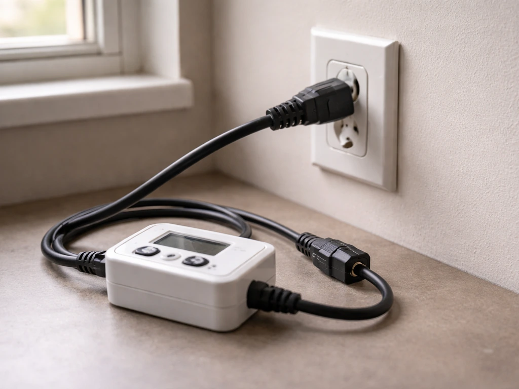Close-up of a grow light power plug being connected to a working outlet next to a switch/timer