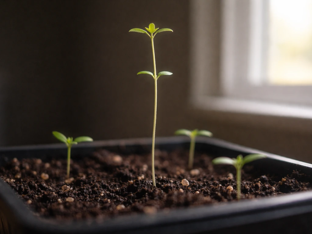 Pale, spindly seedlings with long gaps between leaf nodes stretching upward for insufficient light.