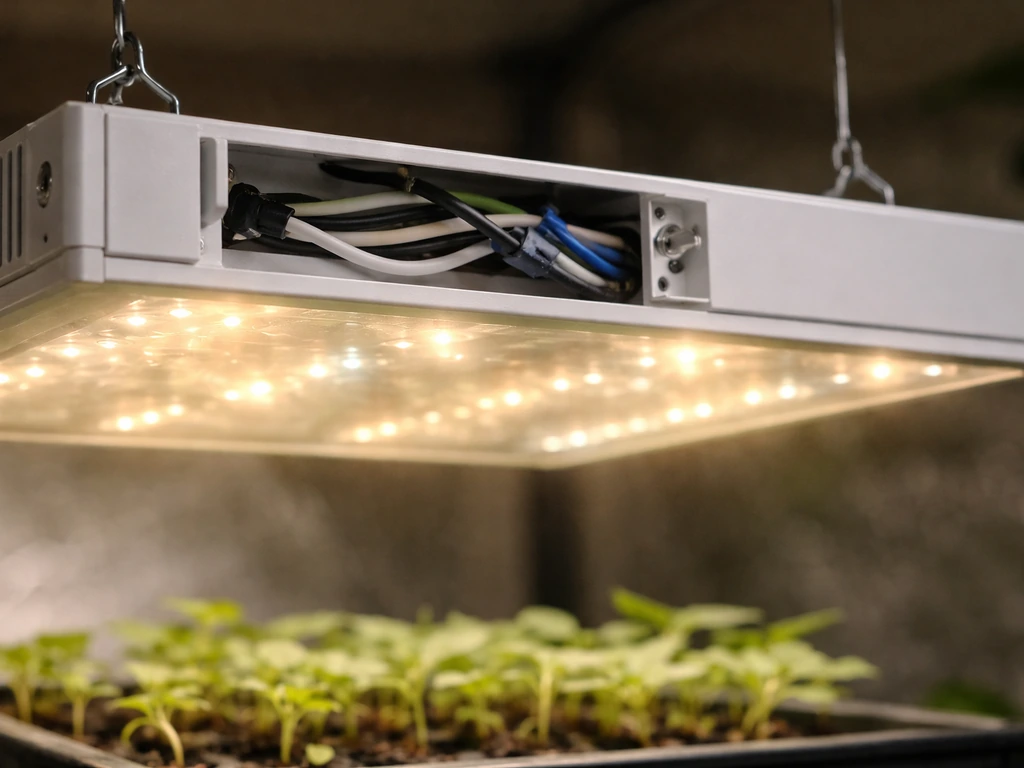 Close-up of a grow light fixture with exposed wiring and a driver area showing a dim flicker patch