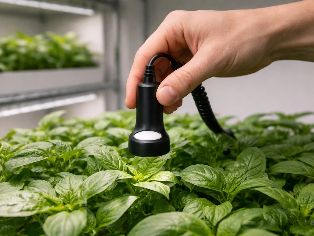 Hand holding a PPFD quantum meter probe over a leafy grow bed canopy under grow lights