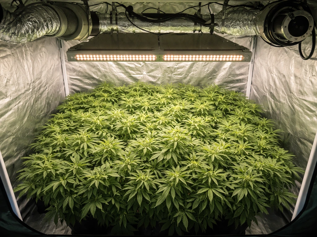Top-down view of a complete LED grow setup in a tent with canopy plants, mounted grow lights, and airflow.