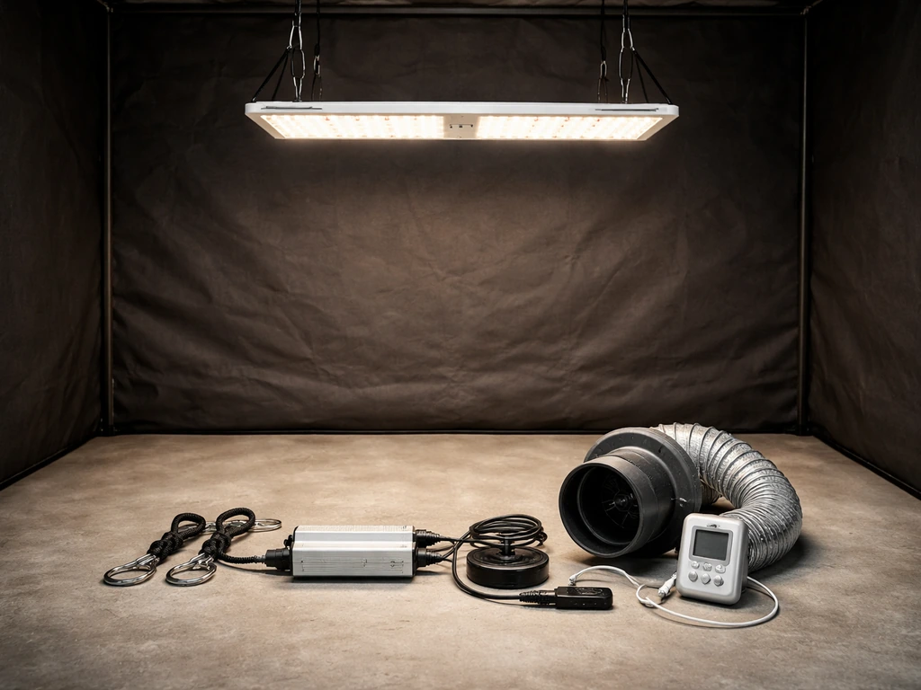 Minimal photo of a complete LED grow setup showing light, hangers, power unit, fan, timer, and sensor.