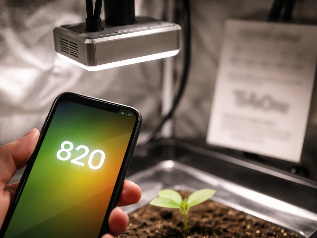 Grow light close-up with a smartphone showing brightness target and a nearby fixture spec label for comparison.