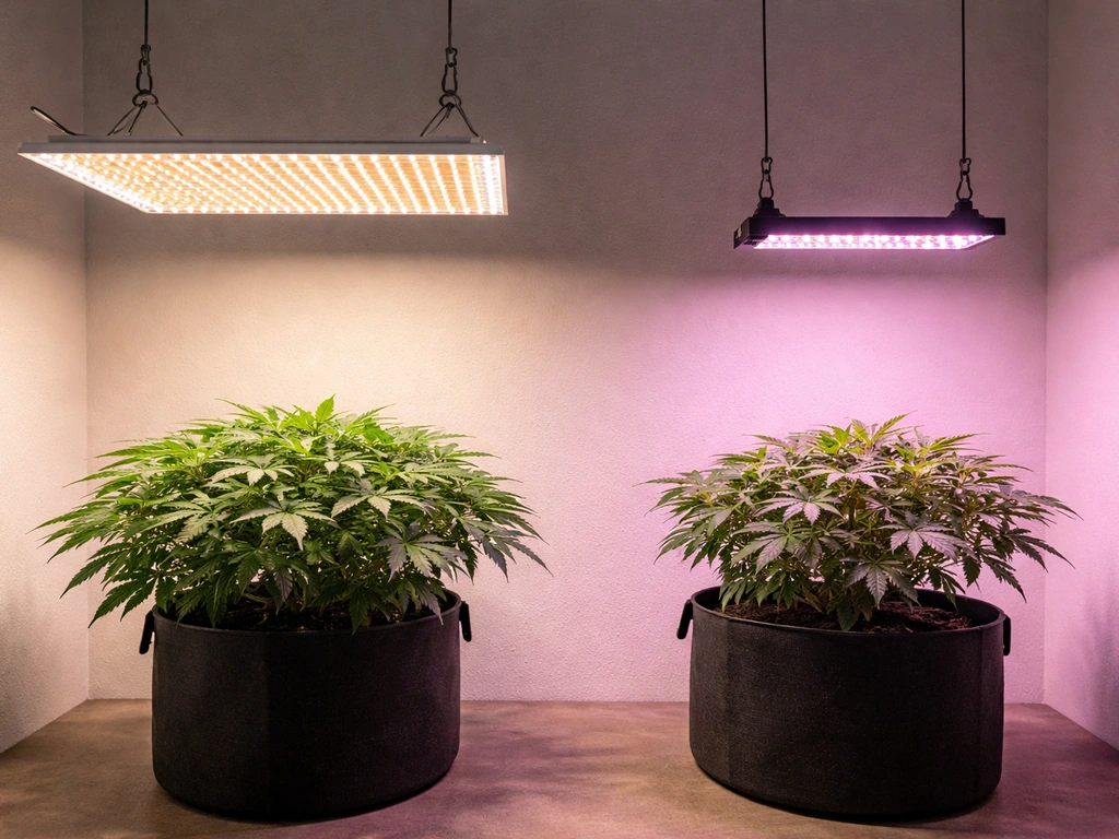 Two LED grow fixtures with simple canopy setup showing full-spectrum vs targeted lighting.
