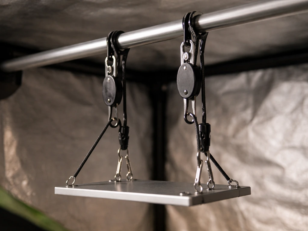 Grow tent crossbar with ratchet rope hangers holding a suspended fixture at adjustable height.