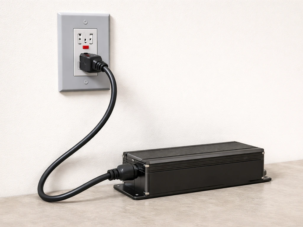 LED grow light driver plugged into a visible GFCI outlet with cord routed safely through strain relief.