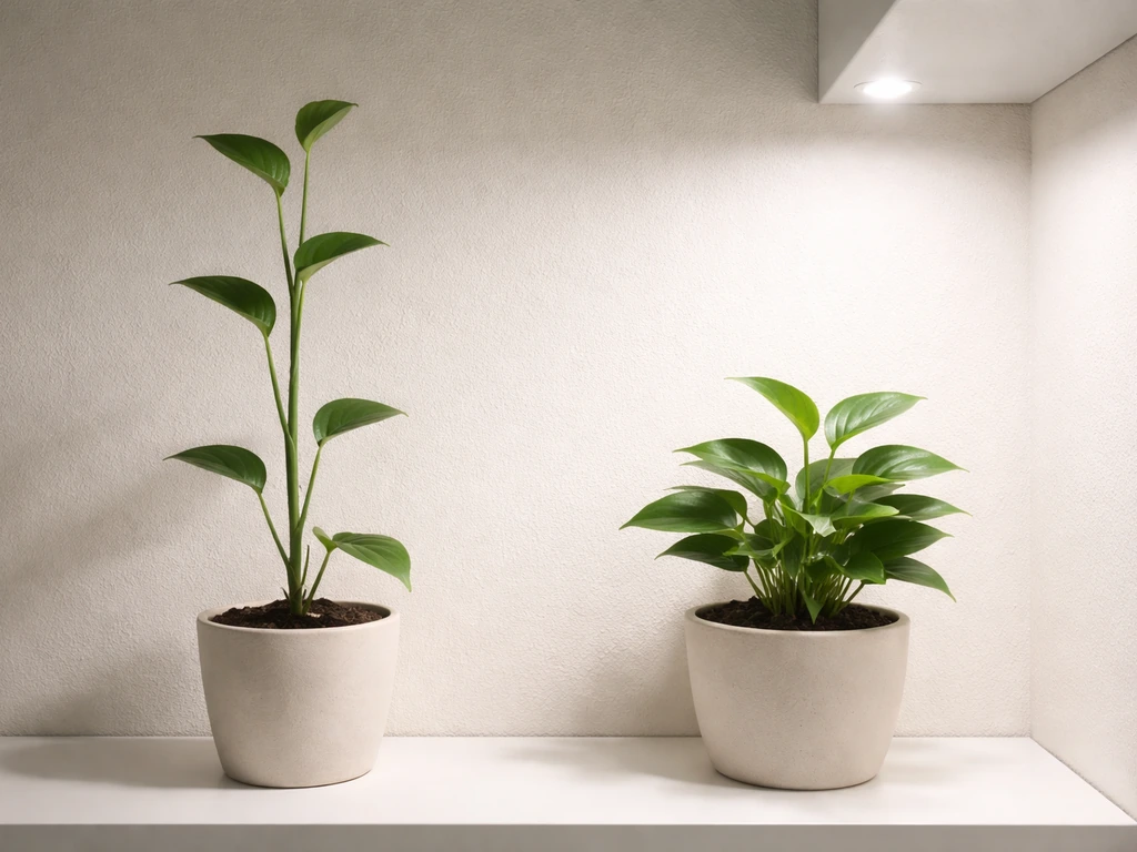 Two simple indoor plants on a shelf—one reaching tall under dim light, the other positioned closer to light.