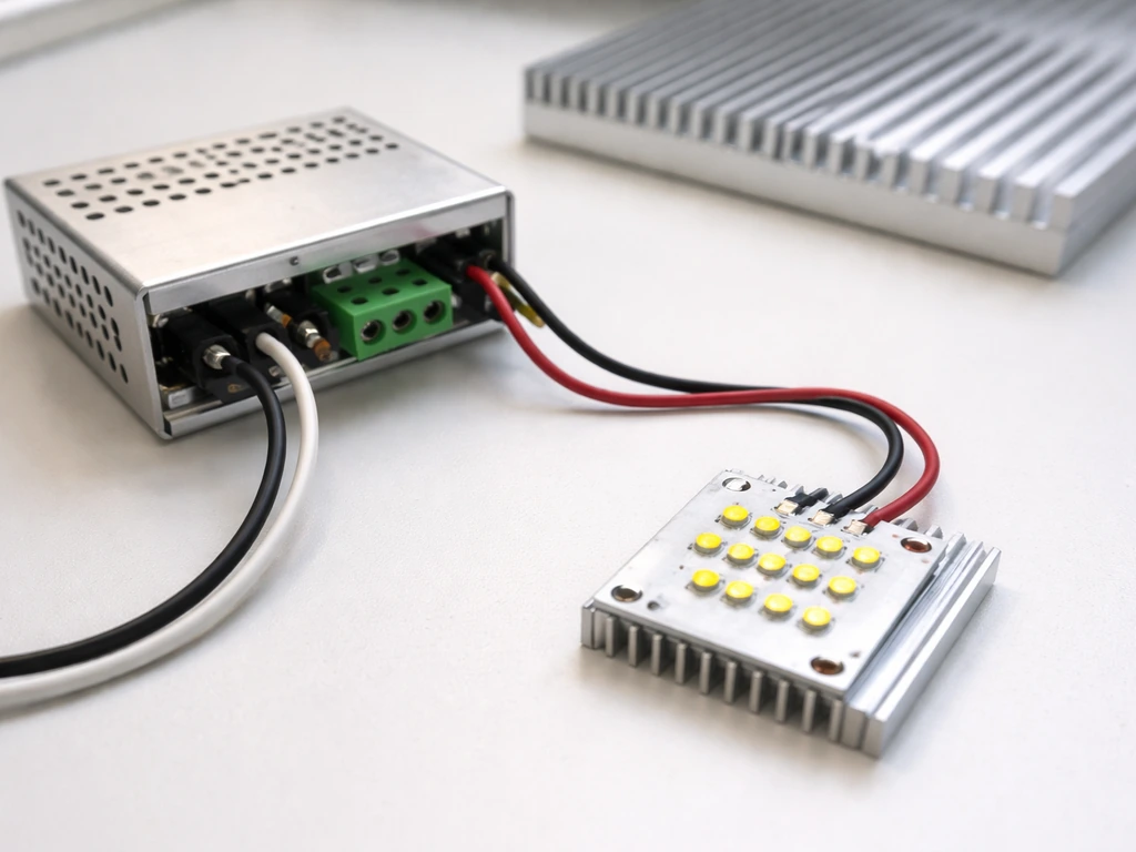 Close-up of an open LED power supply connected to an LED array with correct voltage/current matching, showing wiring